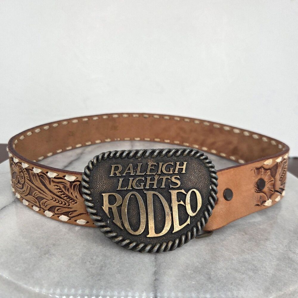 Vintage Raleigh Lights Belt 23" Brown Tooled Leather Western Rodeo Cowboy Buckle